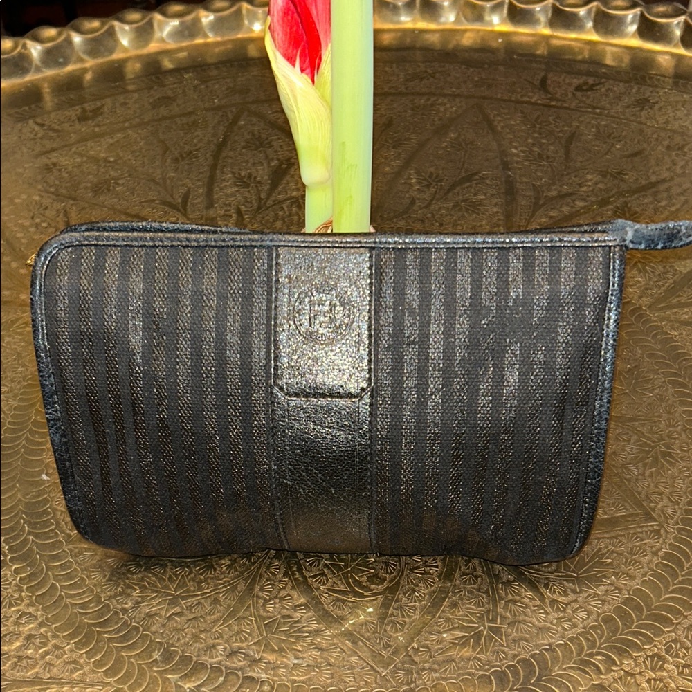 Authentic Vintage Fendi Black Striped Cosmetic Bag Clutch